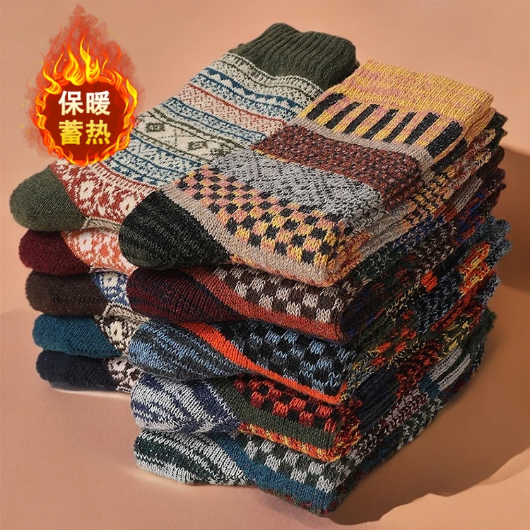 5-10双复古粗线秋冬保暖加厚民族风图腾纯棉袜子100%棉中筒袜冬季