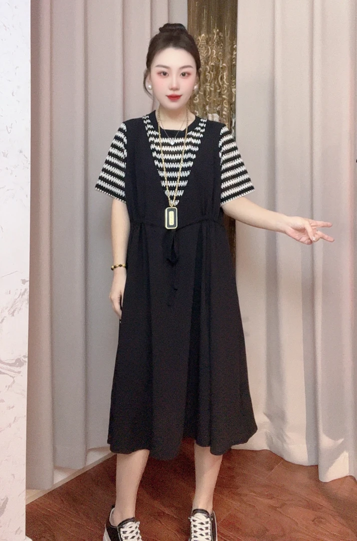 夏季大码新款拼接抽绳收腰连衣裙气质法式