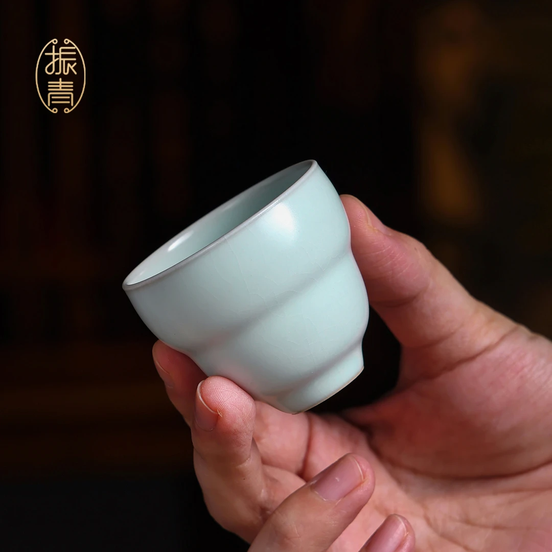 手工汝窑品茗杯功夫茶杯青瓷主人杯单杯景德镇汝瓷开片可养葫芦杯