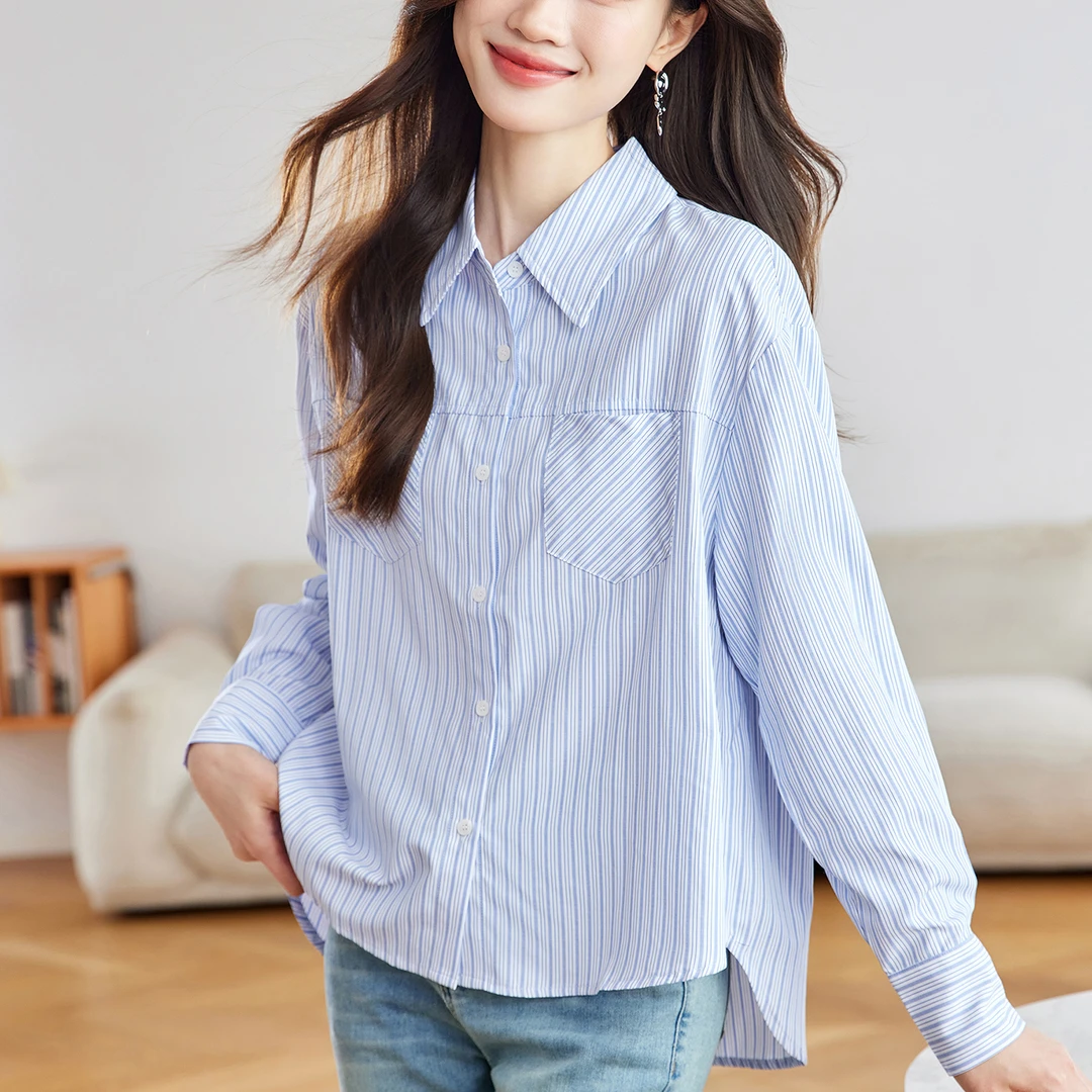 长袖衬衫女春秋洋气百搭大码胖mm上衣2025新款竖条纹衬衣显瘦减龄