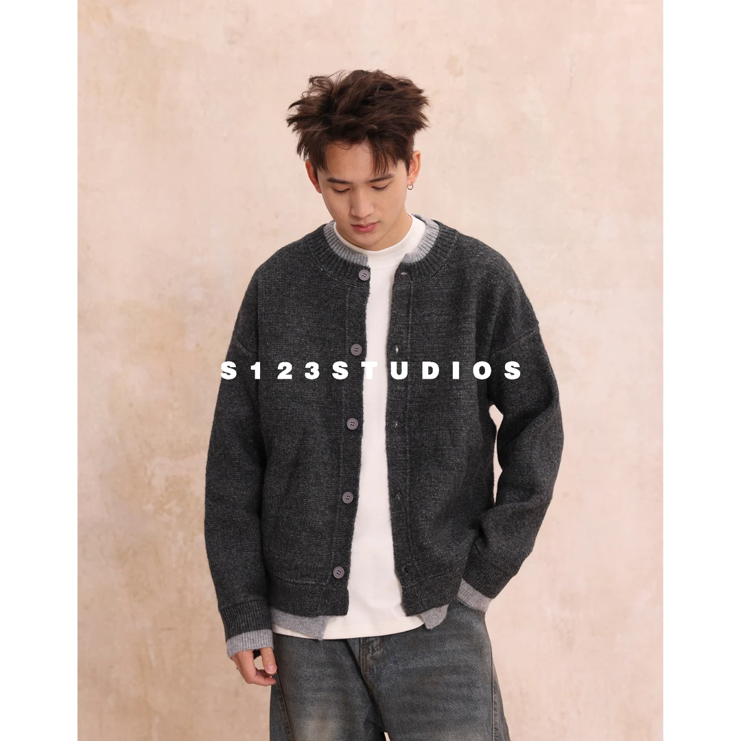 秋冬新款 美式休闲立领撞色假两件连帽针织衫男宽松毛衣开衫