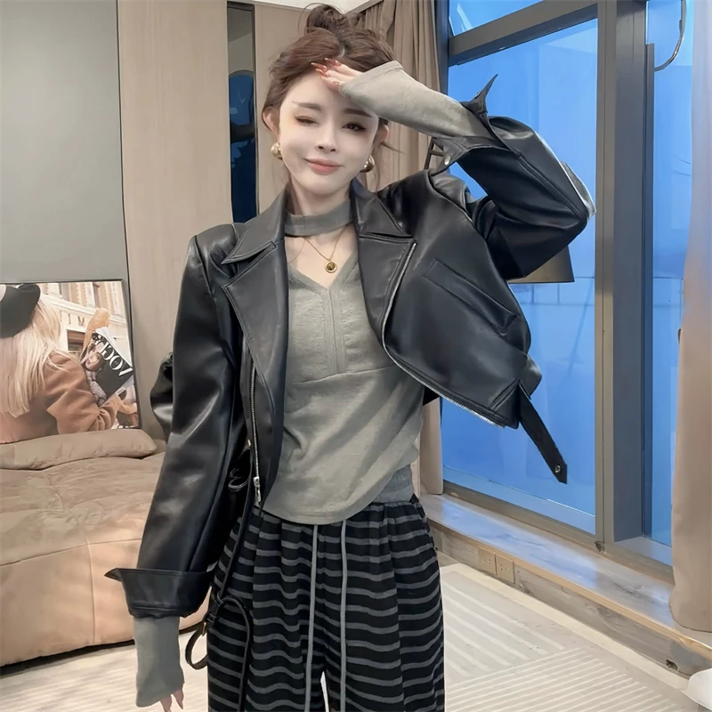 欧货短款机车服拉链皮衣外套女2025春季新款气质百搭翻领夹克上衣