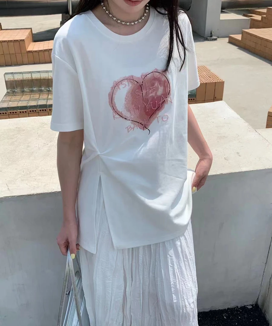 邹先森8597-30夏季新款开叉设计短袖宽松中长款爱心涂鸦T恤