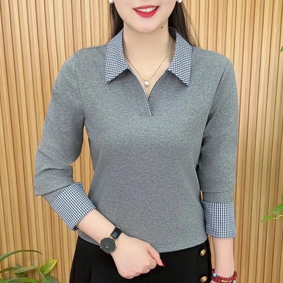 春季薄款长袖t恤女翻领格子拼接减龄百搭休闲大码妈妈小衫