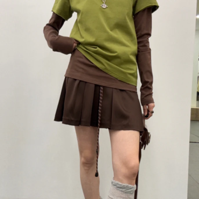 ANNAMOOER｜百褶半身裙显瘦高腰时尚休闲百搭复古短款棕色宽松