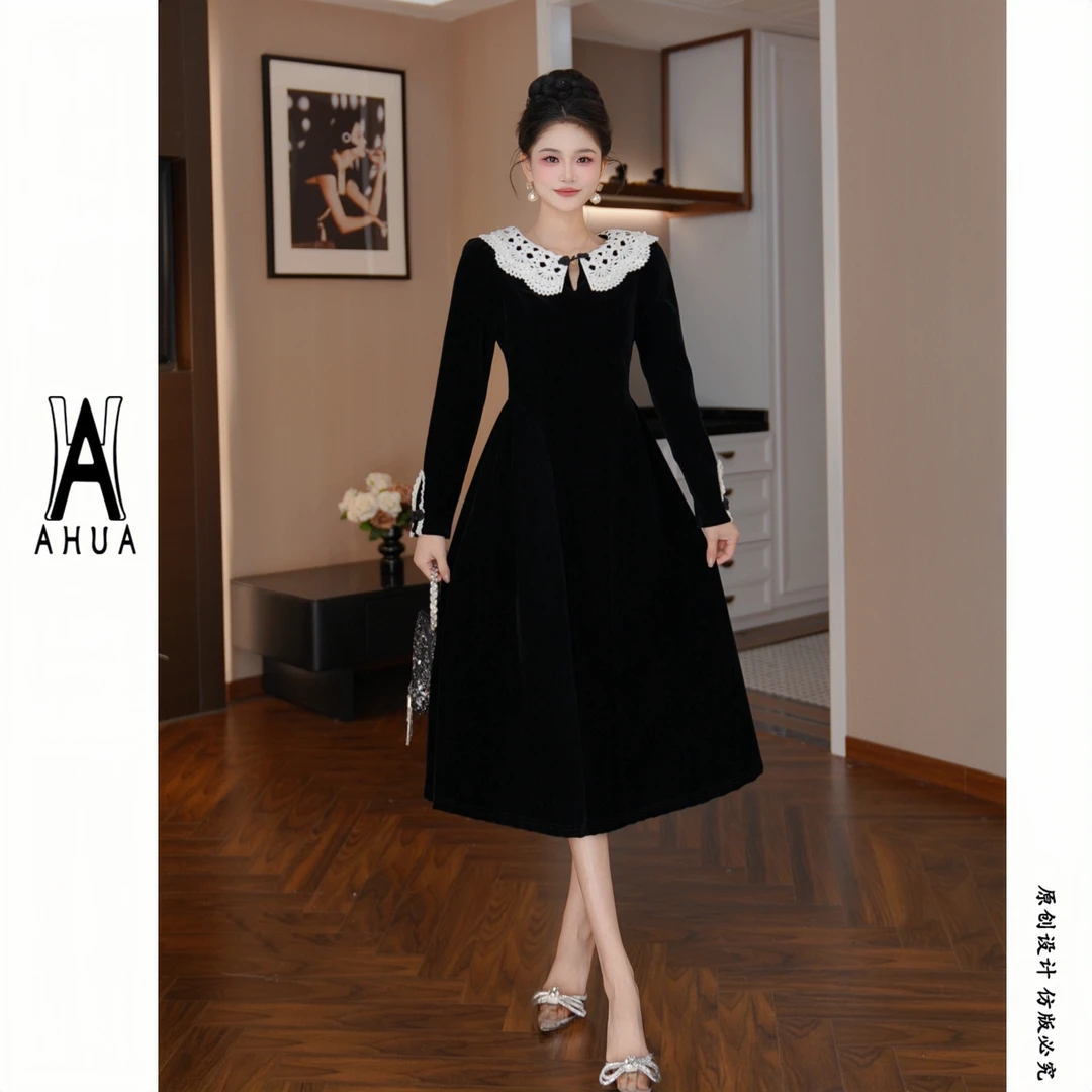 【花花原创】法式优雅休闲风连衣裙小黑裙收腰长袖长裙秋冬45421