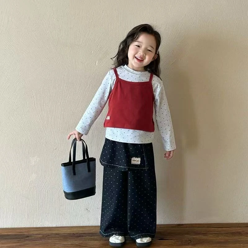 女童红色吊带叠穿T恤屁帘牛仔裤套装春装韩系时髦儿童长袖三件套