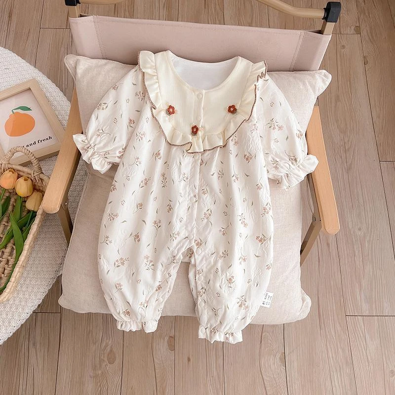 婴儿春季女宝宝双层连体哈衣服新生超萌公主甜美百周岁外出爬服宝