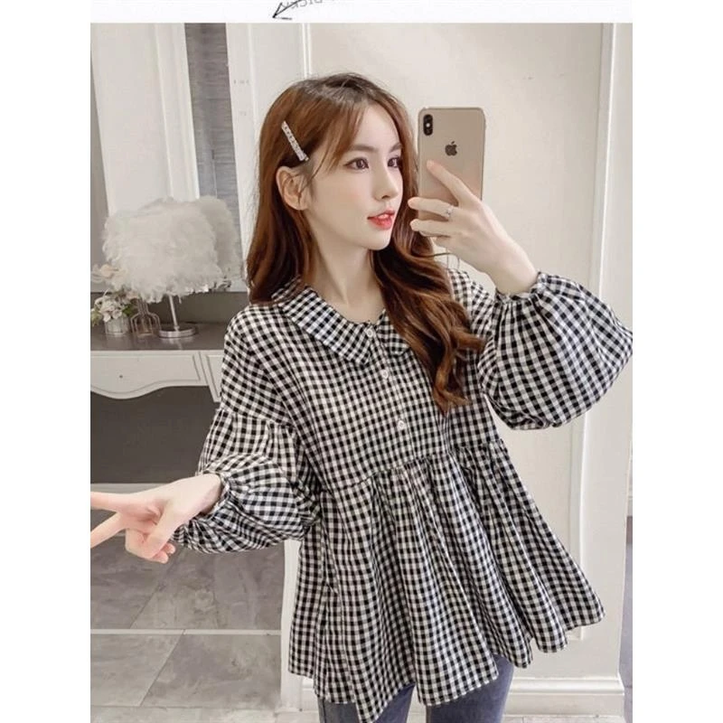 百搭宽松娃娃衫上衣女潮春秋季新款韩版时尚显瘦遮肚圆领长袖衬衫