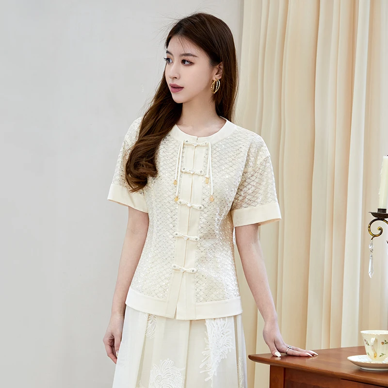 XMLee艾米尔 杏色中式盘扣珠片百搭衬衫 Y451C1353