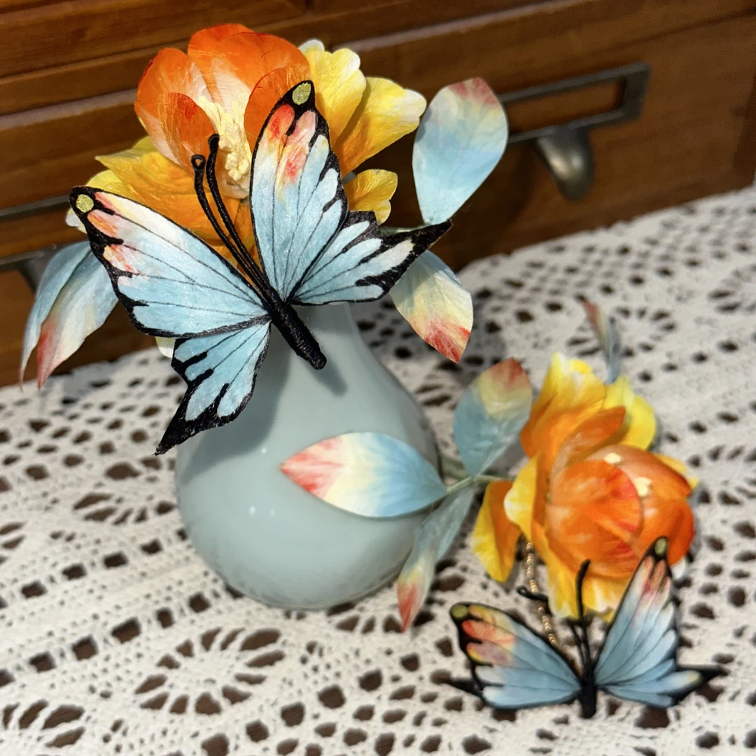 【直播++】耀如春华 ZB-13 橙蓝蝴蝶绒花 原创古风头饰汉服配饰