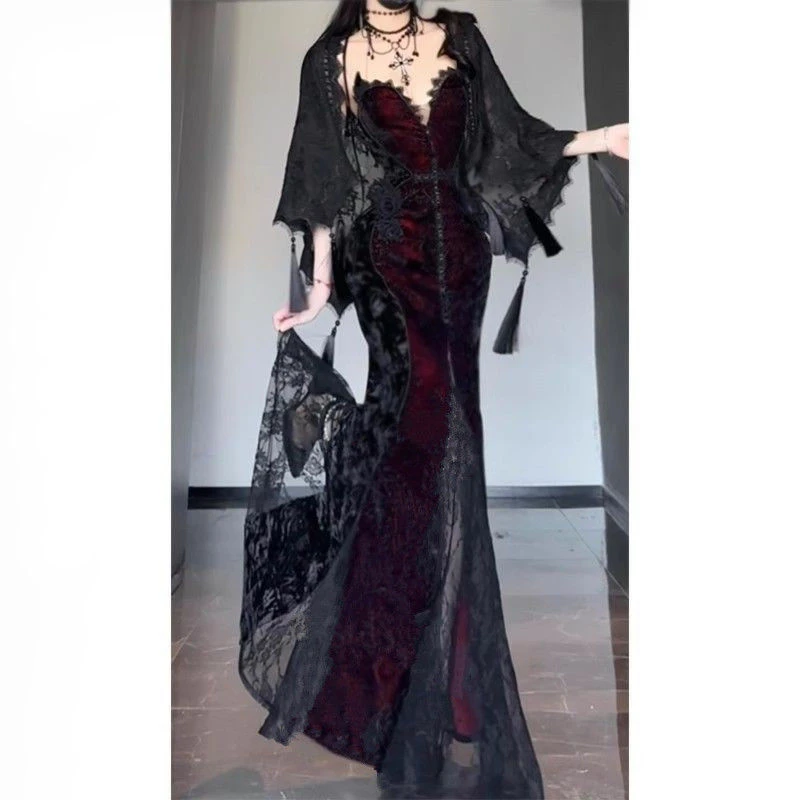 圣诞新年战袍穿搭服装过年衣服拜年服暗黑披肩开衫吊带抹胸裙套装