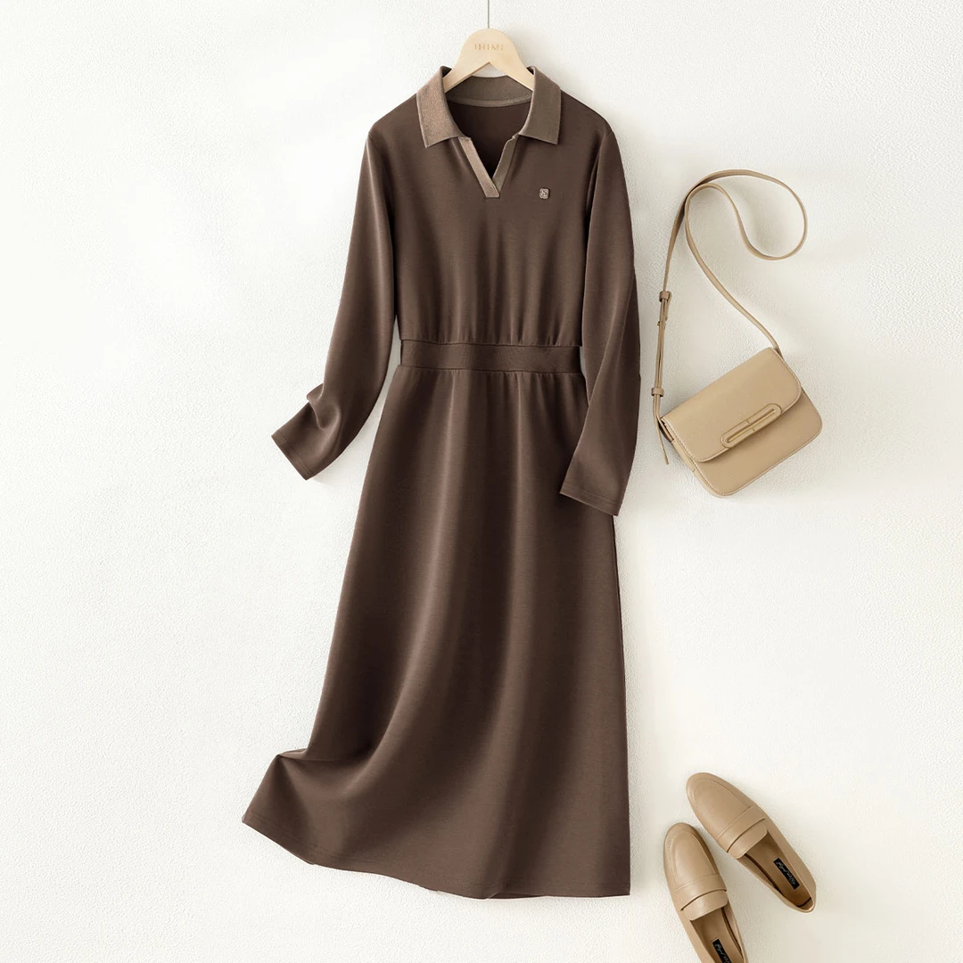 IHIMI/海谧连衣裙2025秋季连衣裙POLO领撞色松紧腰连衣裙6578