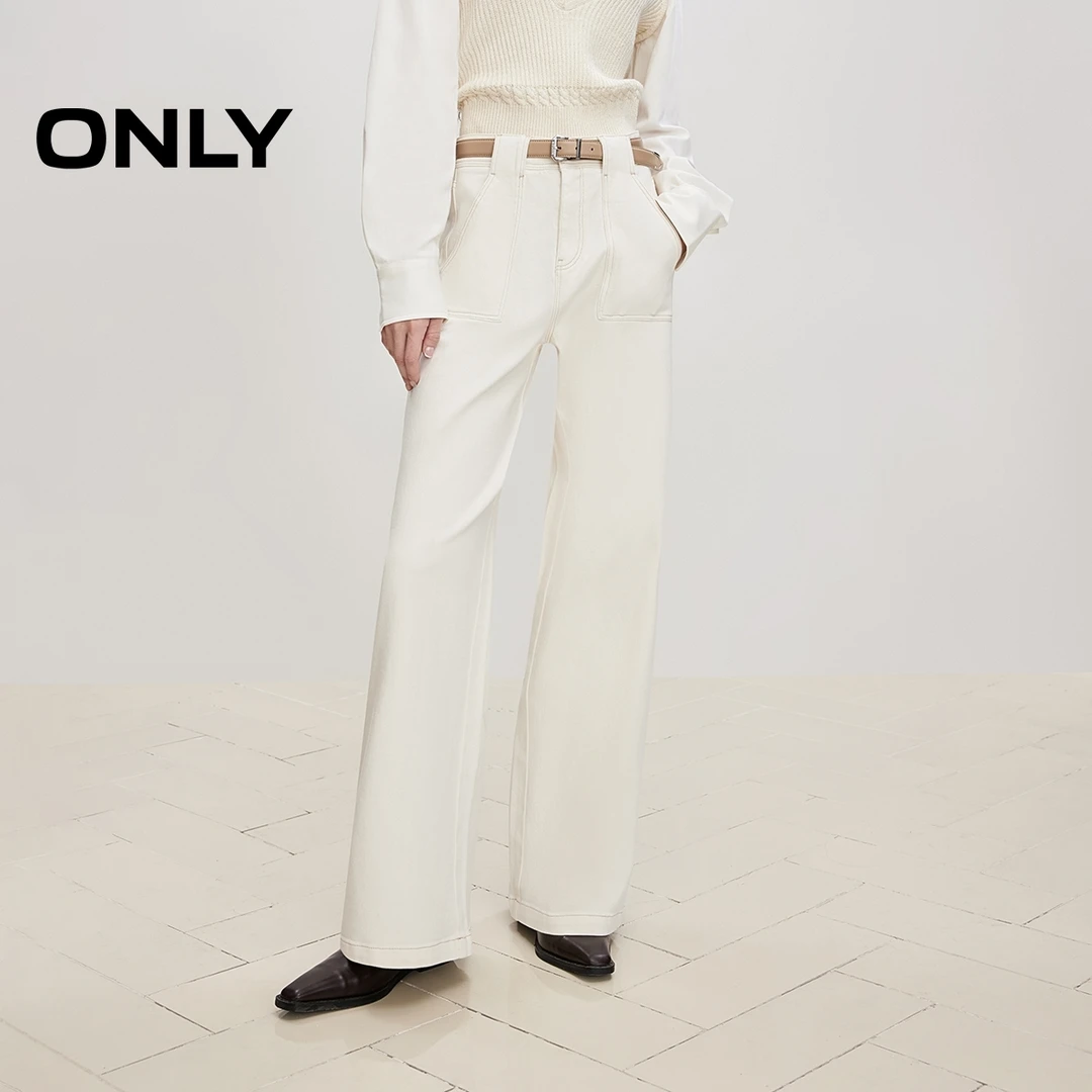 ONLY秋季时尚通勤高腰宽松直筒长裤牛仔裤女白色裤子|125232024