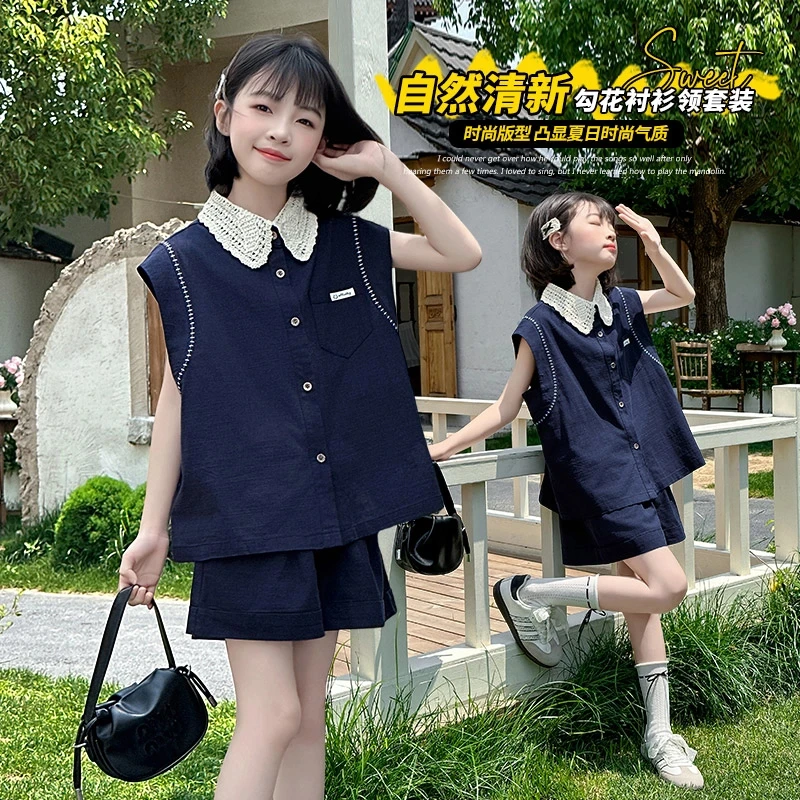 女童夏季学院风无袖套装2025新款女孩洋气勾花衬衫领短裤两件套潮