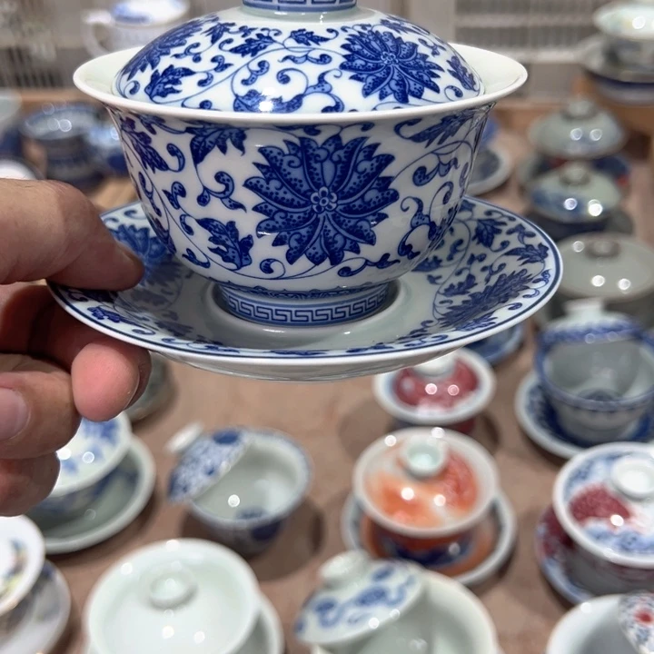 瓷片白青花缠枝莲元宝盖碗全品