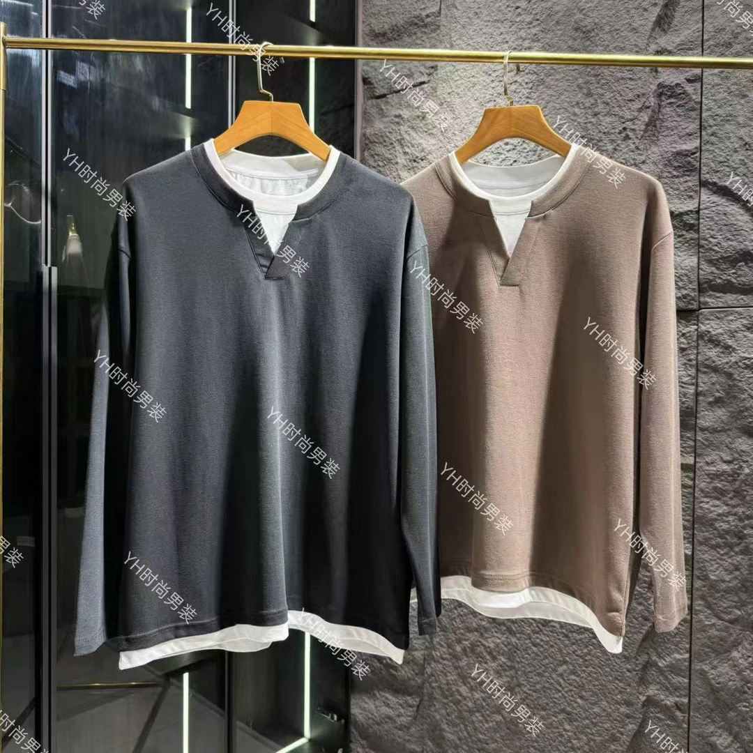 秋季新款潮流轻奢简约高级感慵懒风拼接假两件T恤宽松休闲打底衫