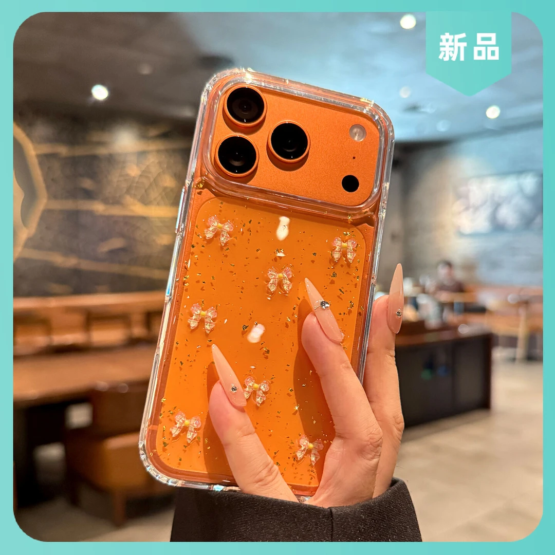 蝴蝶结金箔透明适用于苹果17promax手机壳iPhone网红同款小众高级