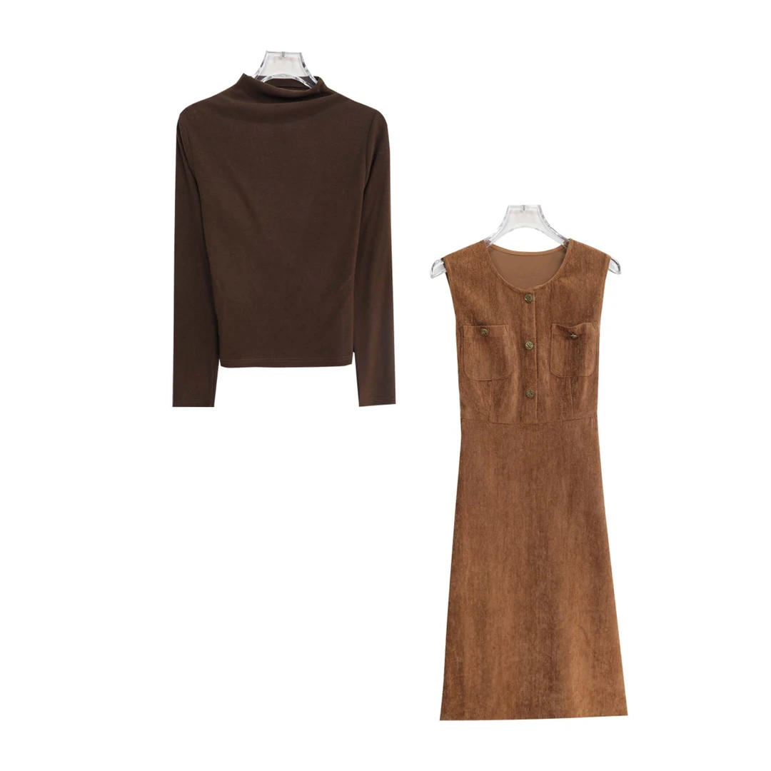 高级感纯色长袖内搭轻奢无袖连衣裙套装S4208