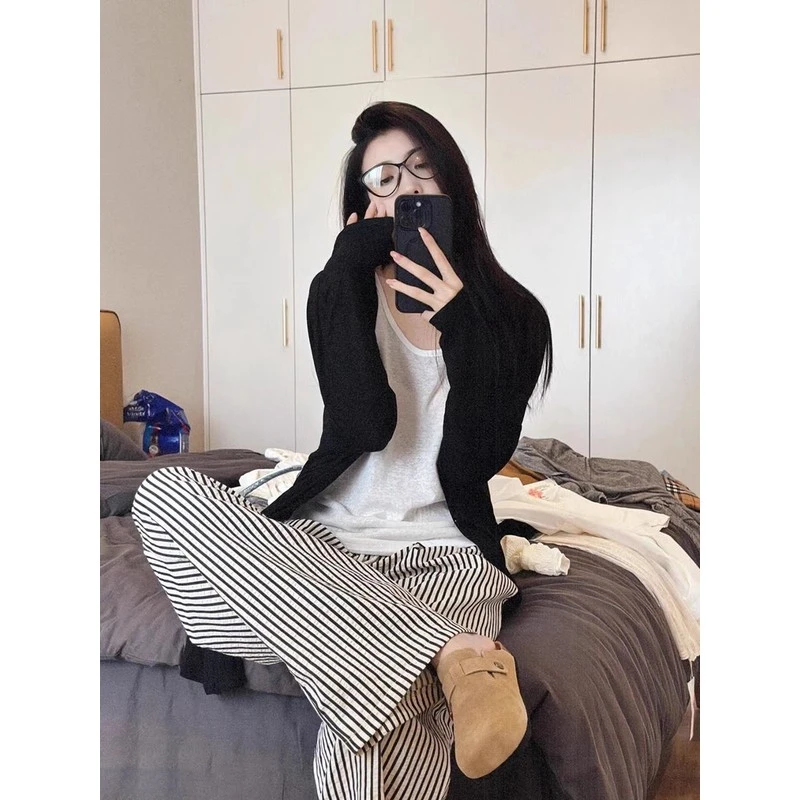 中长款冰丝针织防晒开衫女慵懒风夏季百搭长袖黑色薄款空调房披肩