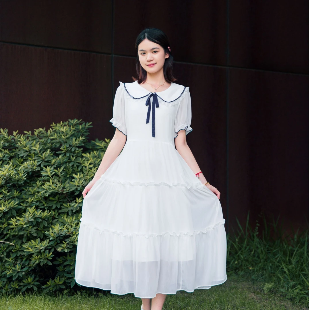 夏季新款青少女A字公主裙时尚少女风大童纯色甜美连衣裙女B类学生