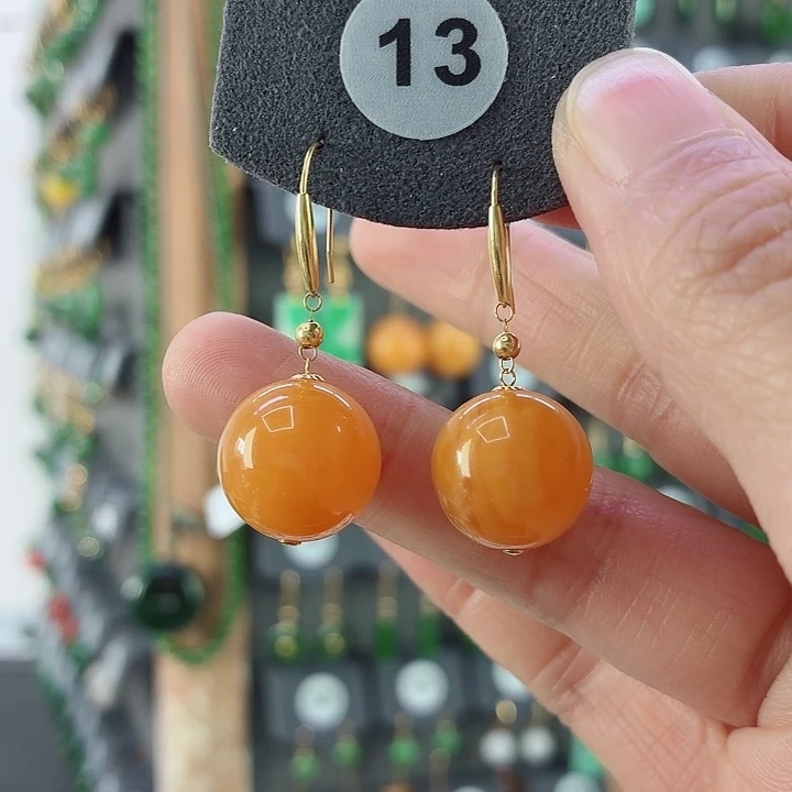 蜜蜡18K金镶嵌耳饰
