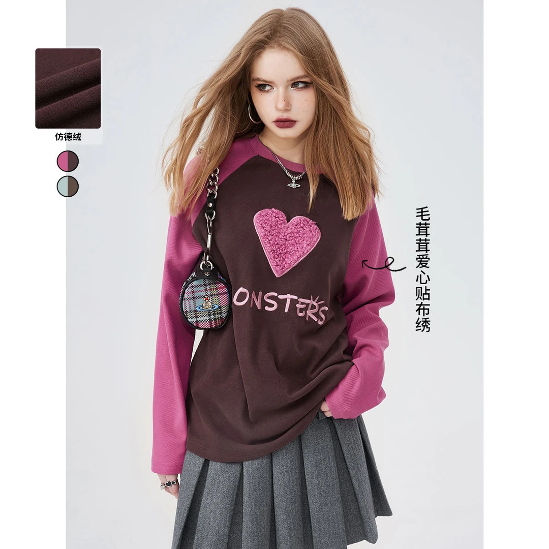 5002【金拐子】25年春季新款美式复古t恤女长袖刺绣内搭上衣潮