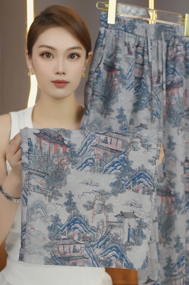 国风时尚印花裤2025中式轻薄舒适垂感长裤-可乐-亭台楼阁