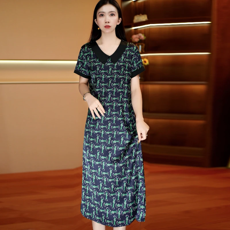 墨绿环影娃娃领  时尚中长款夏季连衣裙百搭连衣裙