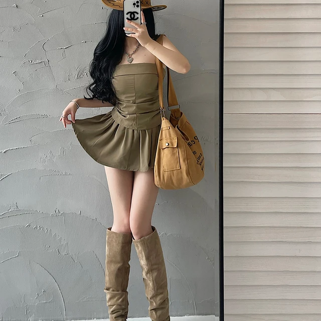 YoungGirlDay欲风性感修身褶皱抹胸背心高腰防走光A字短裙套装