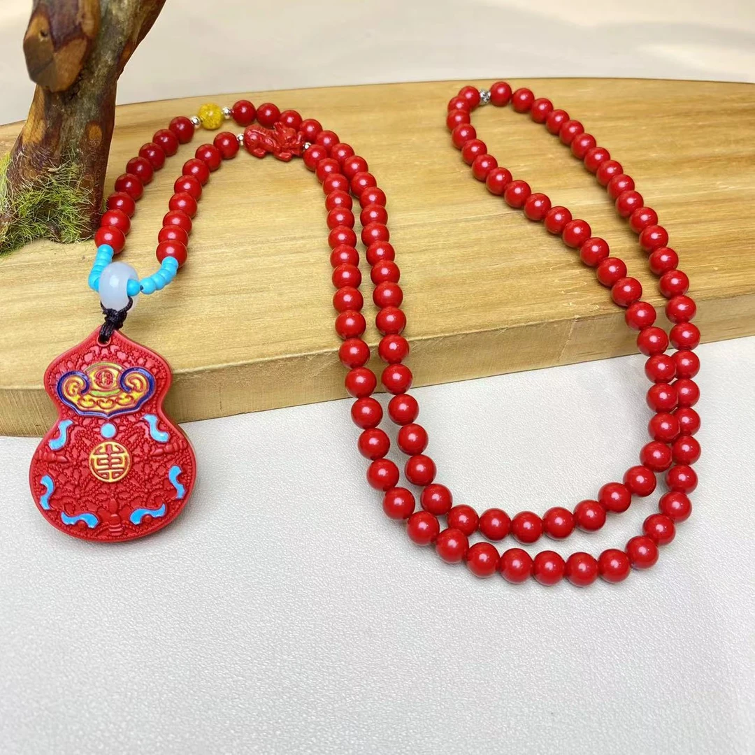 含辰砂工艺品高含量朱砂红砂设计款彩绘福禄双全葫芦长链保真朱砂