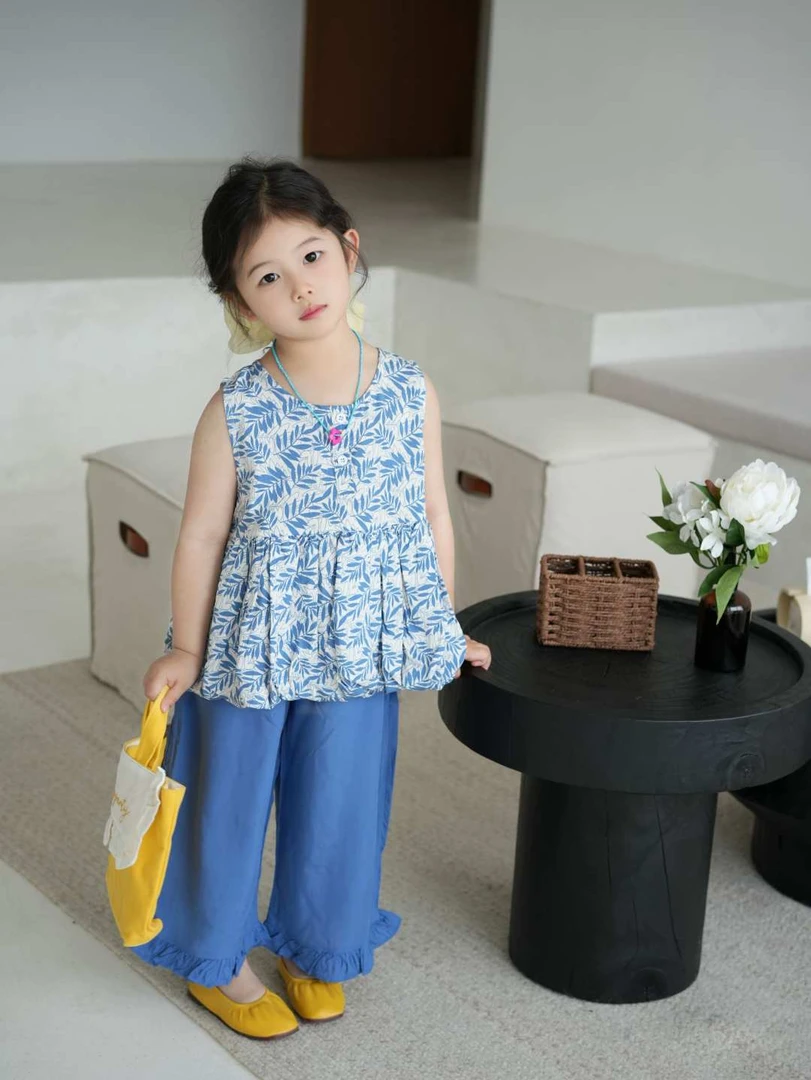 【Ｗ董】2025夏季女童棉绸洋气娃娃衫套装韩版可开扣无袖蓬蓬裙套装