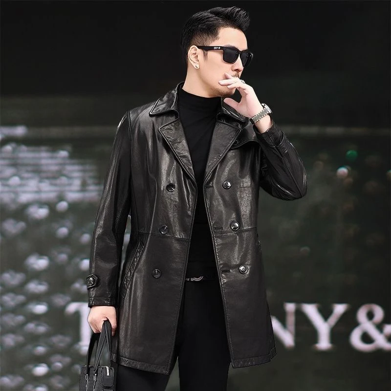 新款海宁头层牛皮男真皮皮衣中长款西装领风衣修身休闲纯皮外套秋
