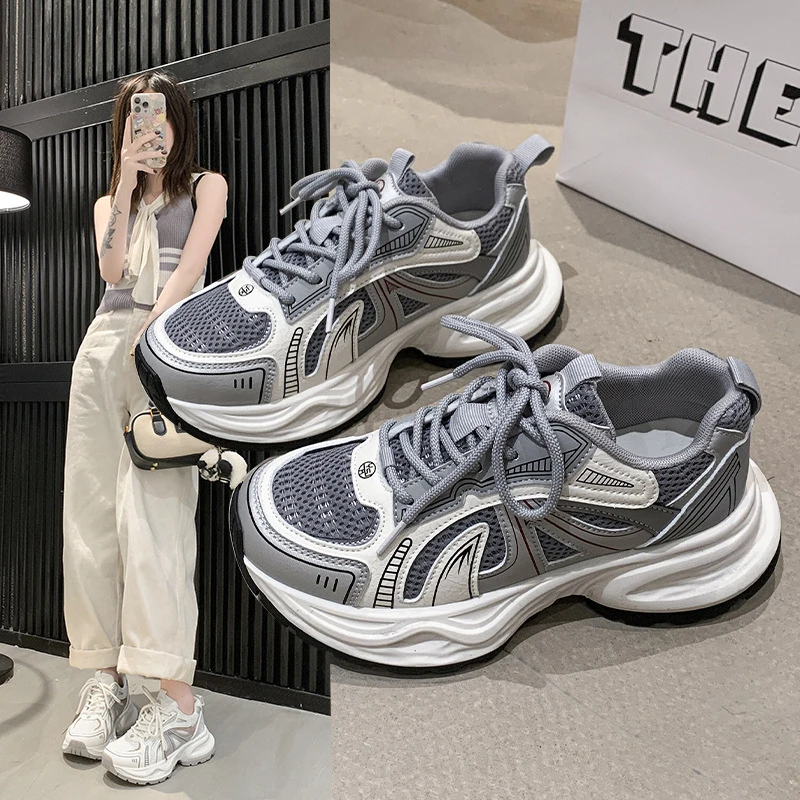 厚底老爹鞋女款春季网面透气灰色百搭超轻拼色休闲鞋女软底运动鞋