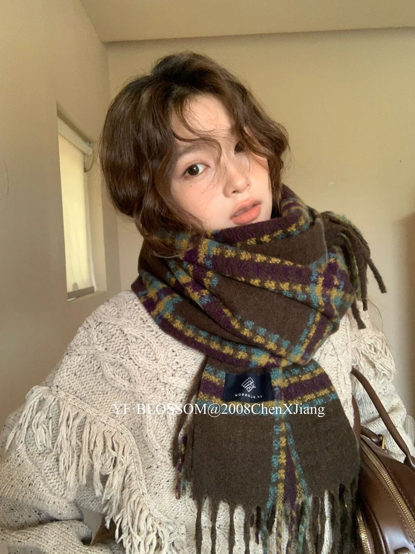 高级感休闲风格子围巾女法式保暖围巾经典情侣格纹拼色保暖围脖