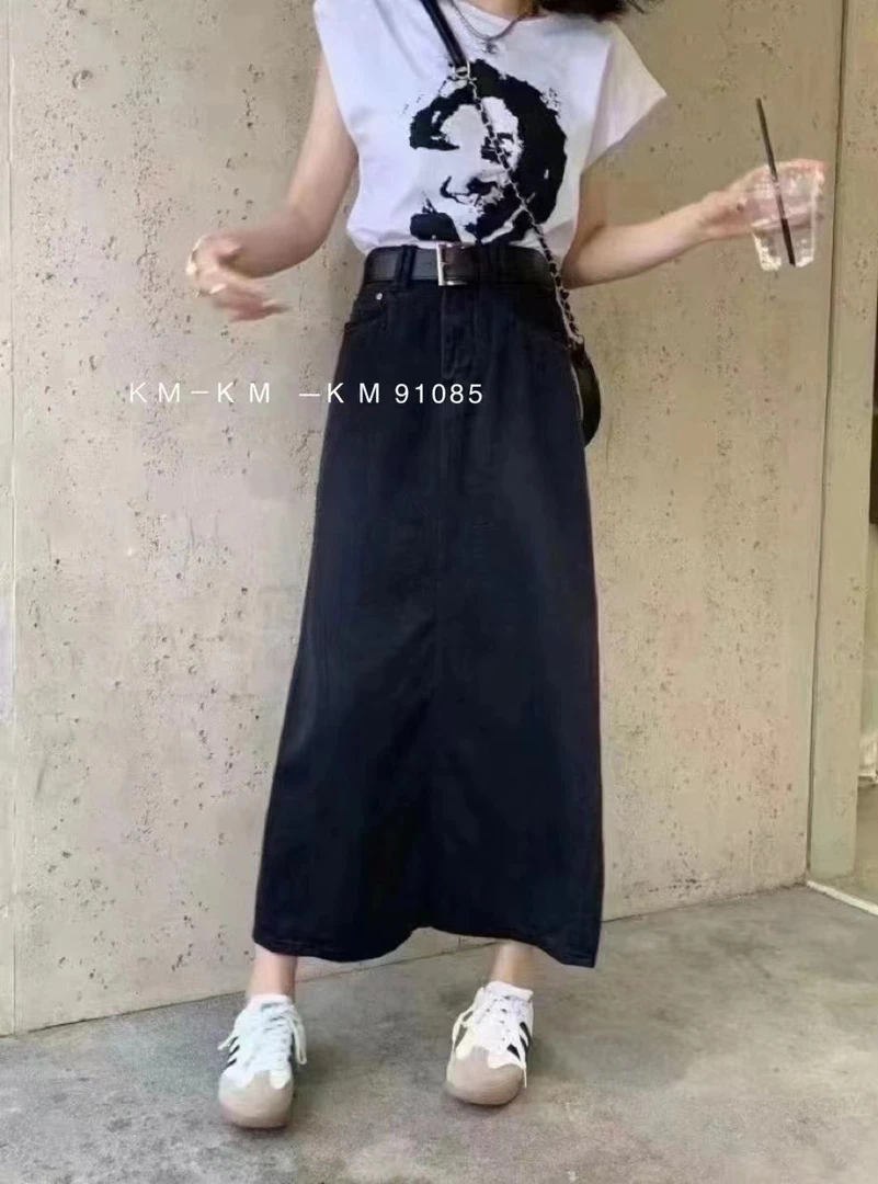 91085天丝牛仔半身裙女夏季高腰显瘦开叉中长款a字裙遮肉百搭