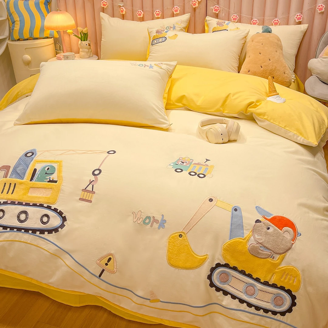 纯棉床上四件套2025新款卡通儿童全棉刺绣被套床品宿舍床单三件套