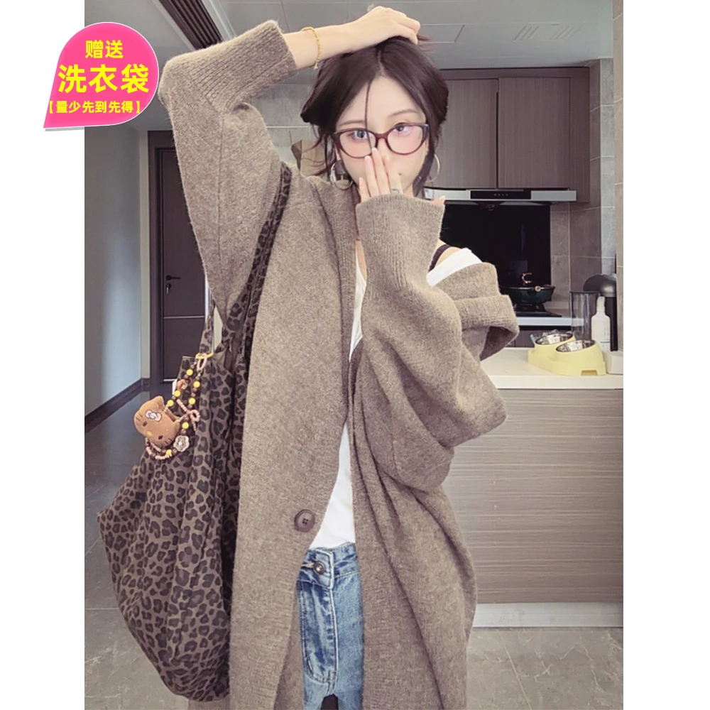 2025新款长毛衣开衫宽松针织外套慵懒风连帽气质加厚韩版针织衫