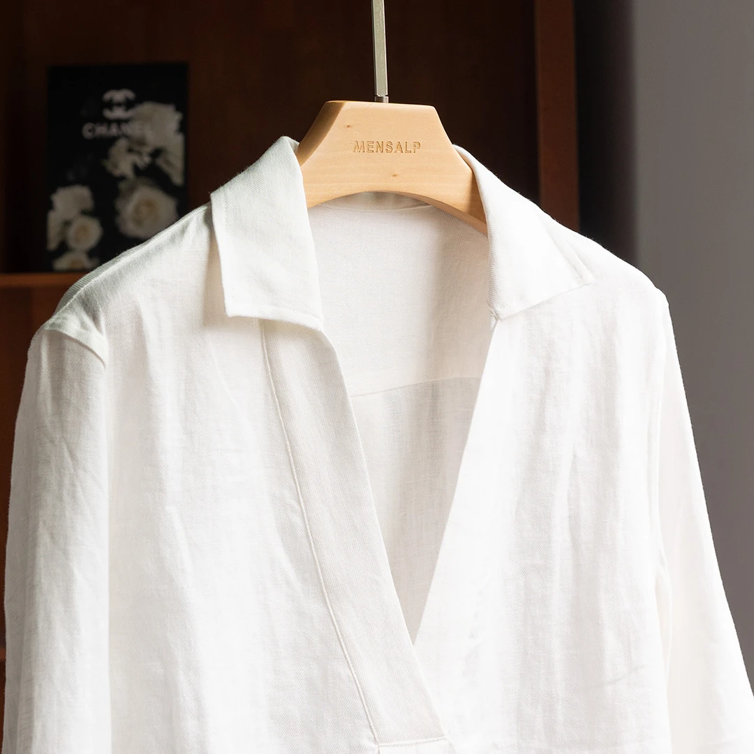 LP慵懒大板V领1OO亚麻白衬衫宽松上衣MR503