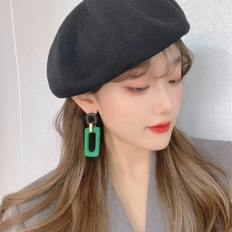 合金树脂耳饰 新中式绿色银针耳环复古秋冬氛围耳环法式几何耳饰