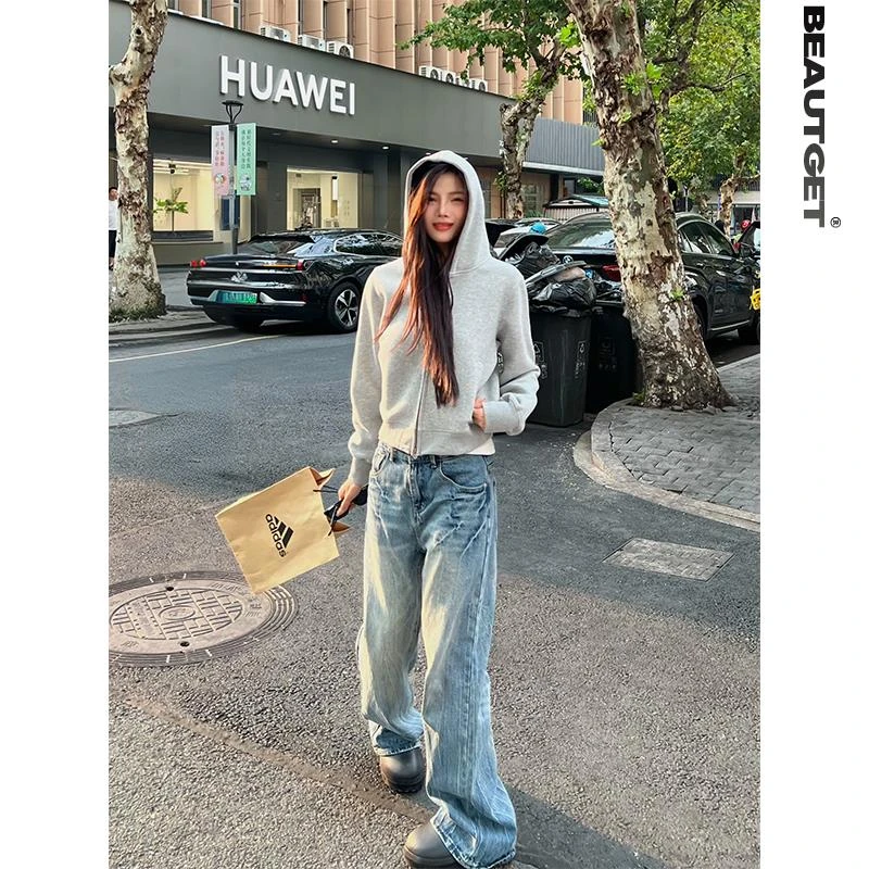 Beautget重磅400G美式街头短款开衫连帽卫衣女ins潮流挺括帽衫