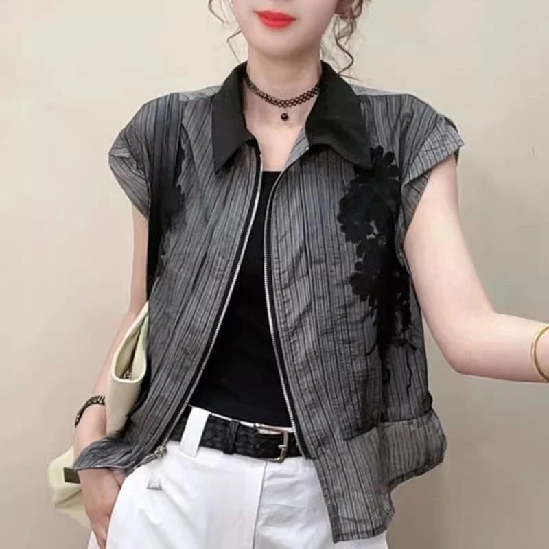 拼接竖条纹短袖衬衫女2025夏季新款韩版时尚绣花洋气百搭开衫上衣