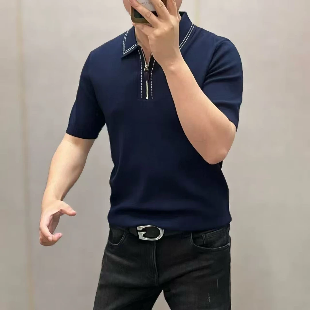 新款高端男士时尚简约半拉链翻领针织短袖68803