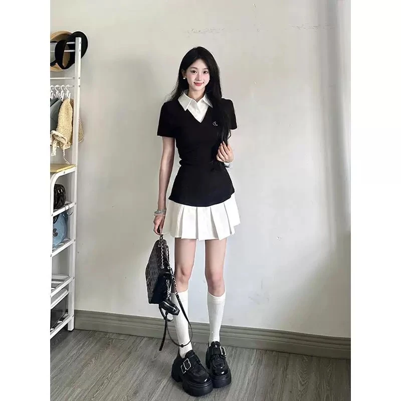 黑白撞色学院风辣妹针织收腰显瘦短袖polo假两件连衣裙女