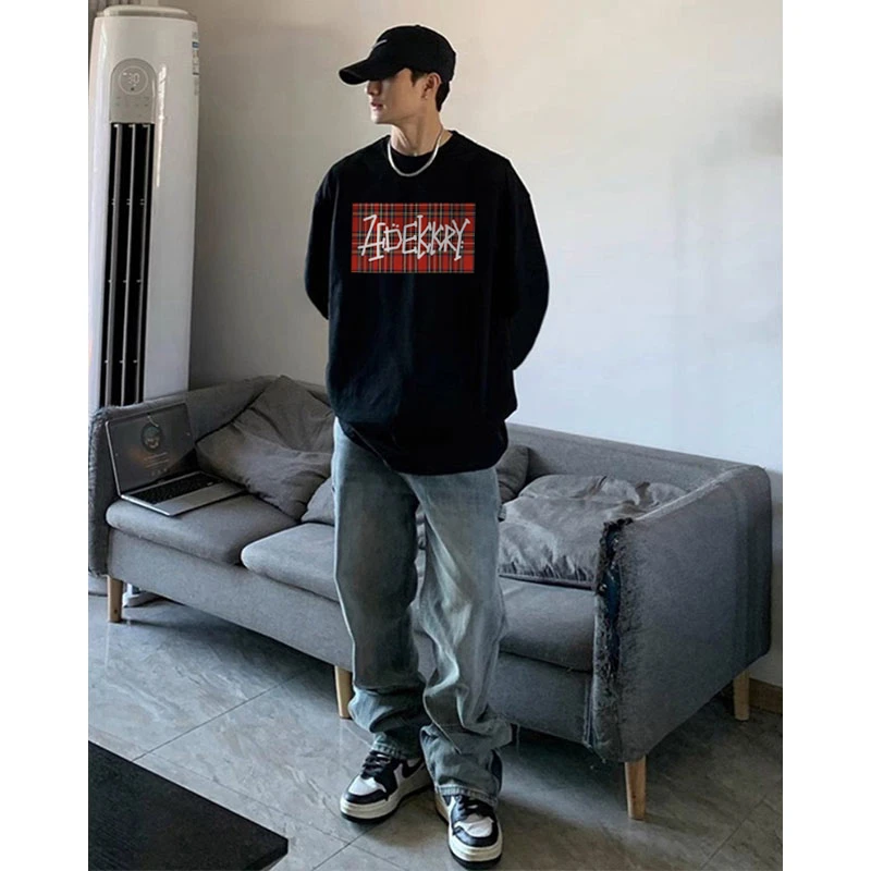 美式格纹字母印花纯棉长袖t恤男女秋冬季潮牌痞帅休闲高街打底衫