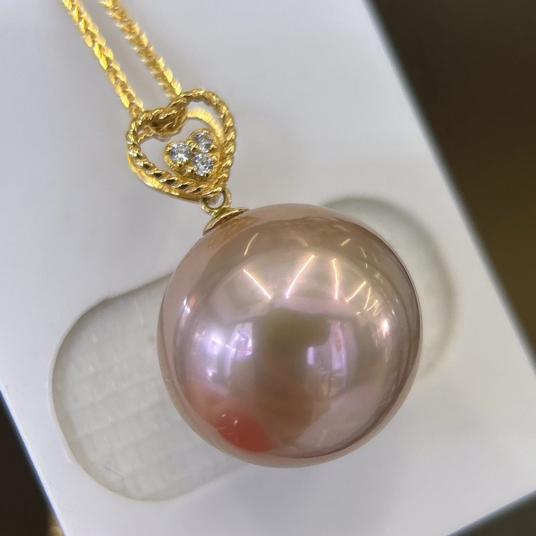 18K金卡14.7mm淡水珍珠吊坠 送银链 天然紫色 微生长纹 送银链