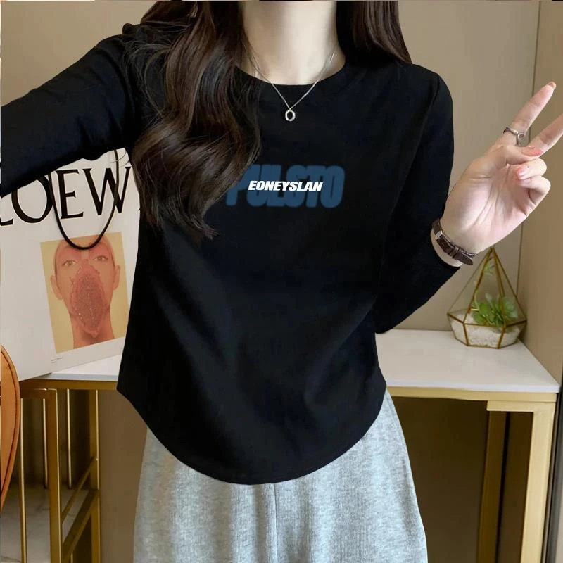 艾格设计感圆弧下摆长袖T恤女学生春秋新款纯欲风辣妹修身打