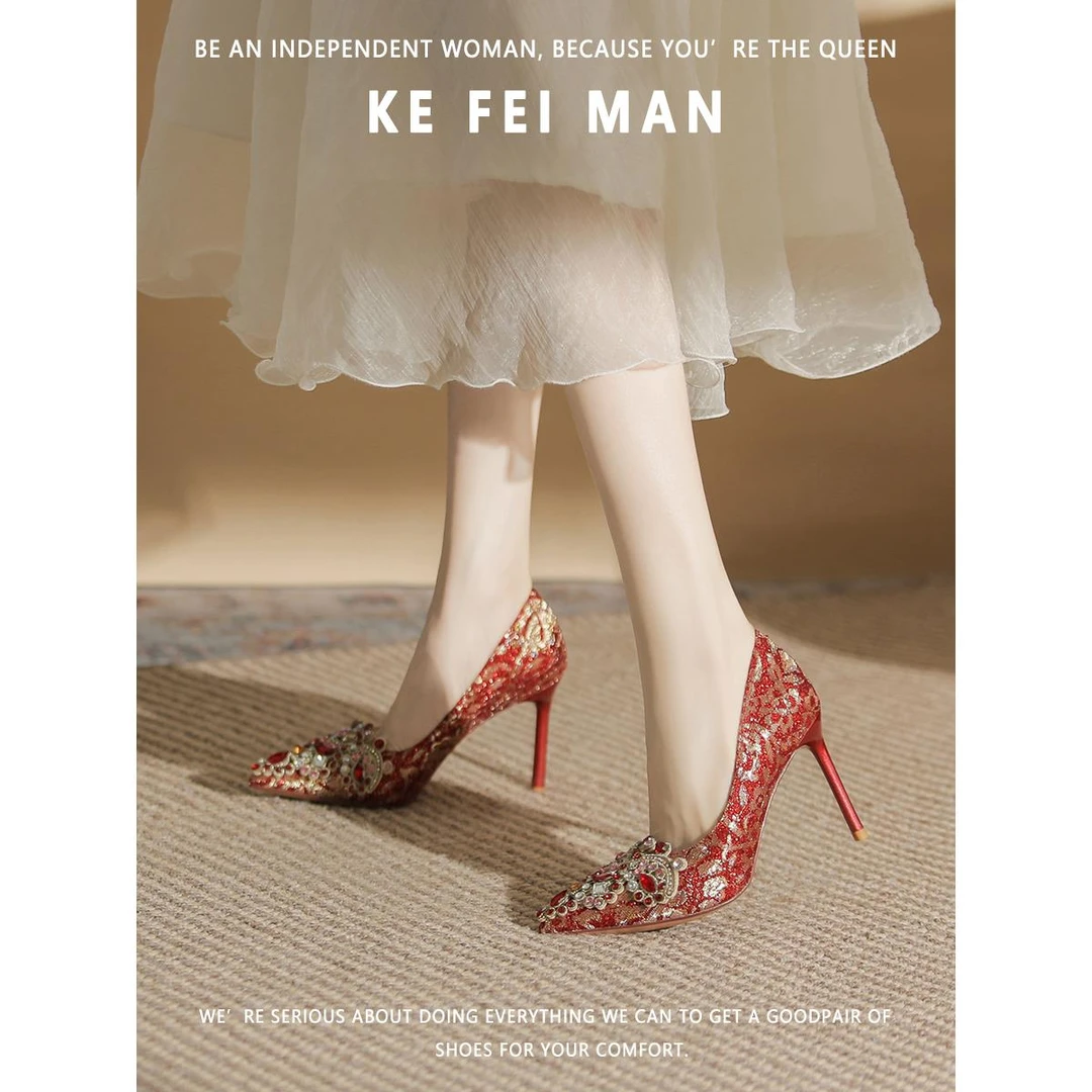 【香港】水钻秀禾婚鞋女2025新款红色结婚高跟鞋绣鞋中式新娘鞋