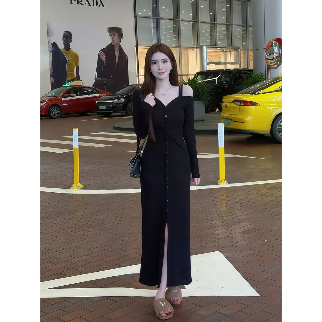 纯欲辣妹V领露肩长袖连衣裙女秋季新款扭结收腰显瘦开叉包臀长裙