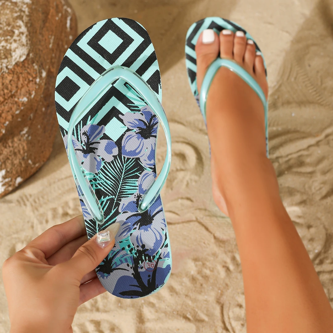 花朵印花夏季休闲风人字拖情侣女士室内户外休闲沙滩速干防滑